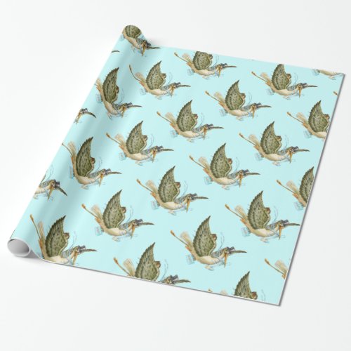 STORK BABY BOY SHOWER Teal Blue White Wrapping Paper