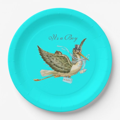 STORK BABY BOY SHOWER Turquoise Blue Paper Plates