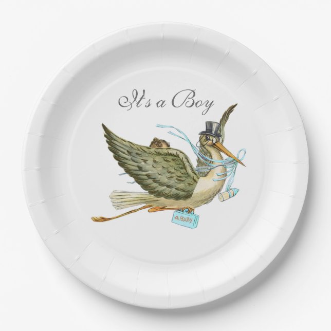 STORK BABY BOY SHOWER White Paper Plates (Front)
