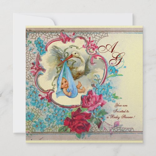 STORK BABY BOY SHOWER WITH ROSES AND BLUE FLOWERS INVITATION