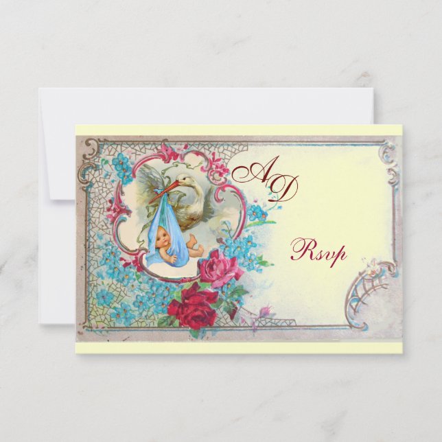 STORK BABY BOY SHOWER WITH ROSES AND BLUE FLOWERS INVITATION (Front)