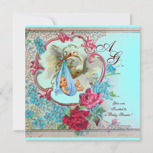 STORK BABY BOY SHOWER WITH ROSES AND BLUE FLOWERS INVITATION