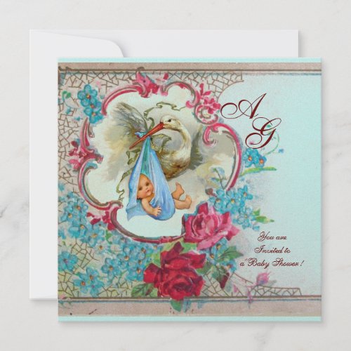 STORK BABY BOY SHOWER WITH ROSES AND BLUE FLOWERS INVITATION