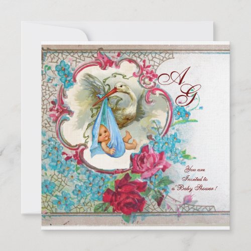 STORK BABY BOY SHOWER WITH ROSES AND BLUE FLOWERS INVITATION