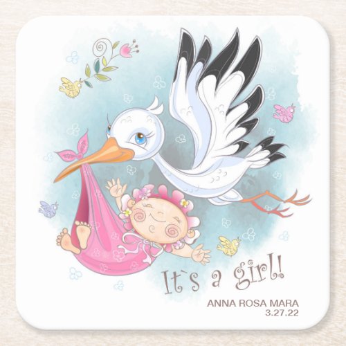  Stork Baby Girl Birds Flowers Baby Shower Square Paper Coaster