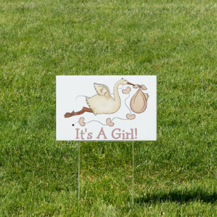 Stork Baby Girl Birth Yard Sign