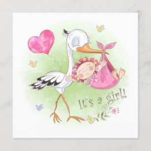 *~* Stork Baby Girl Heart Flowers Baby Shower Invitation