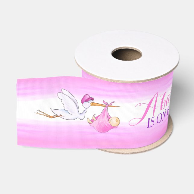 Stork baby girl is on his way pink baby shower grosgrain ribbon (Spool)