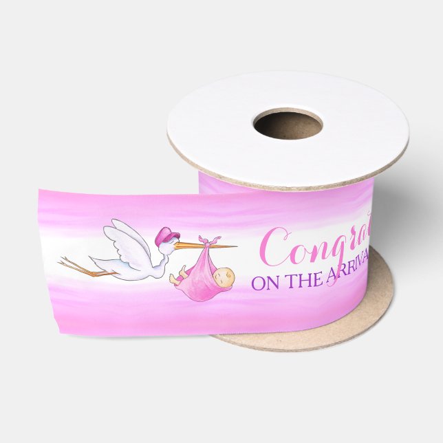 Stork baby girl name new baby pink ribbon (Spool)