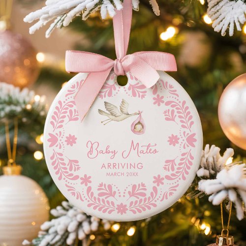 Stork Baby Girl Pregnancy Announcement Christmas Ceramic Ornament