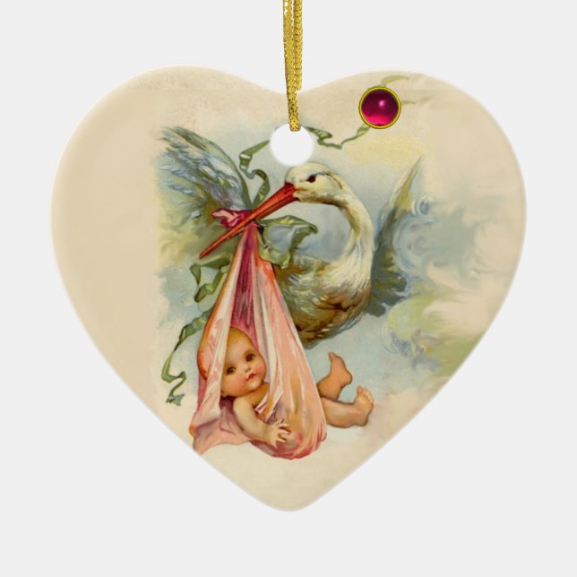 STORK BABY GIRL SHOWER 2 HEART MONOGRAM  RED RUBY CERAMIC ORNAMENT (Front)