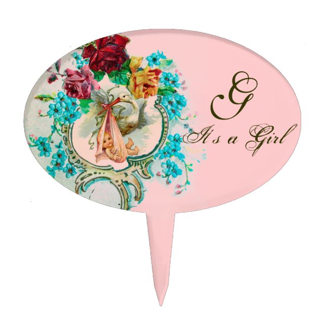 STORK BABY GIRL SHOWER 2 MONOGRAM pink Cake Topper (Front)