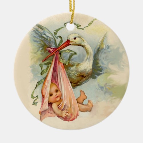 STORK BABY GIRL SHOWER 2 MONOGRAM  RED RUBY CERAMIC ORNAMENT