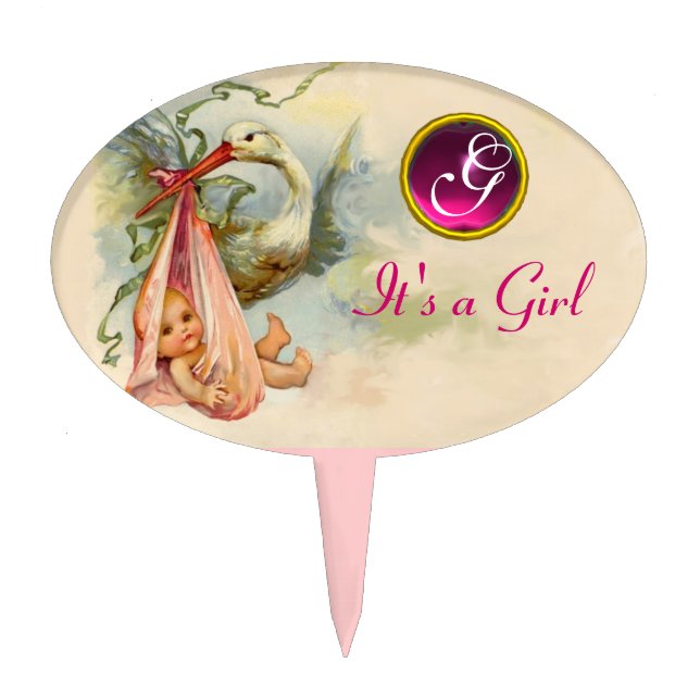 STORK BABY GIRL SHOWER 2 MONOGRAM ,turquase Cake Topper (Front)