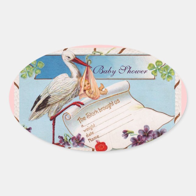 STORK BABY GIRL SHOWER 2 OVAL STICKER (Front)