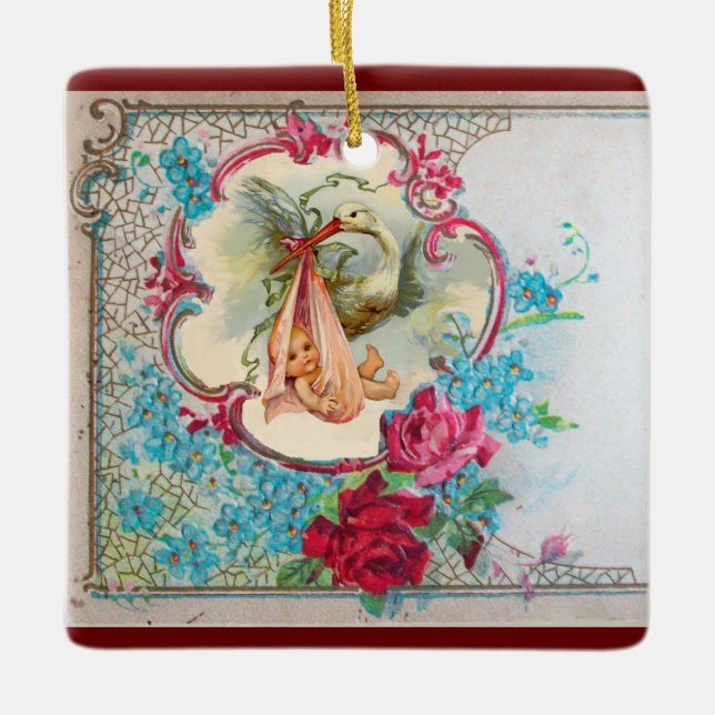 STORK BABY GIRL SHOWER 2 Pink Amethyst Ceramic Ornament (Front)