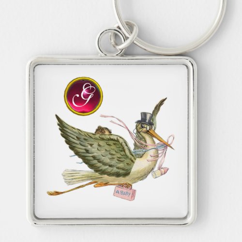 STORK BABY GIRL SHOWER GEM MONOGRAM KEYCHAIN