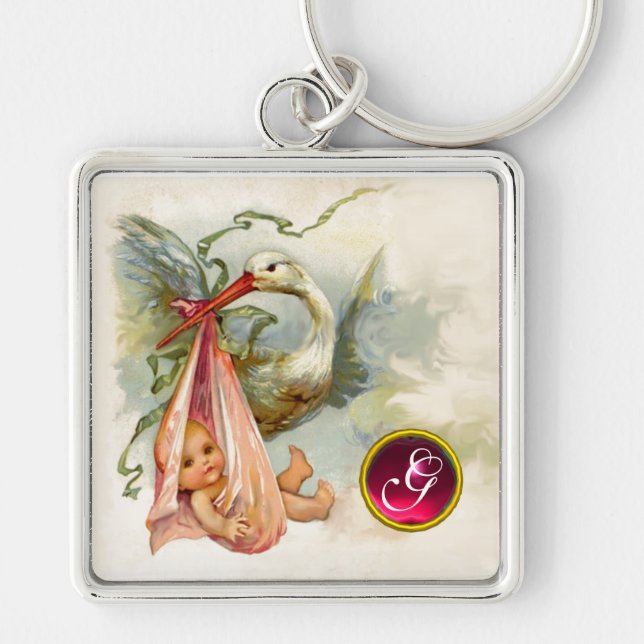 STORK BABY GIRL SHOWER GEM MONOGRAM KEYCHAIN (Front)