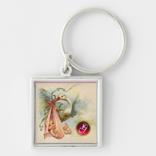 STORK BABY GIRL SHOWER GEM MONOGRAM KEYCHAIN