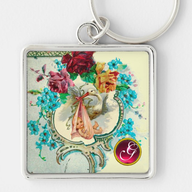 STORK BABY GIRL SHOWER GEM MONOGRAM KEYCHAIN (Front)