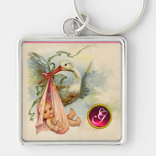 STORK BABY GIRL SHOWER GEM MONOGRAM KEYCHAIN