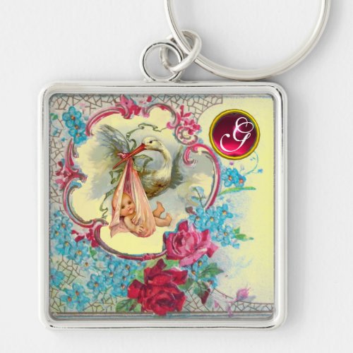 STORK BABY GIRL SHOWER GEM MONOGRAM KEYCHAIN