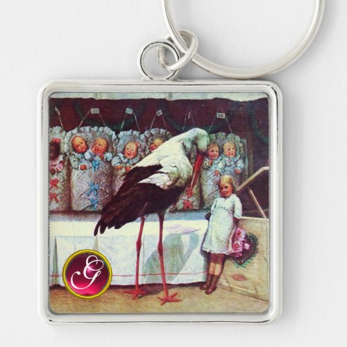 STORK BABY GIRL SHOWER GEM MONOGRAM KEYCHAIN