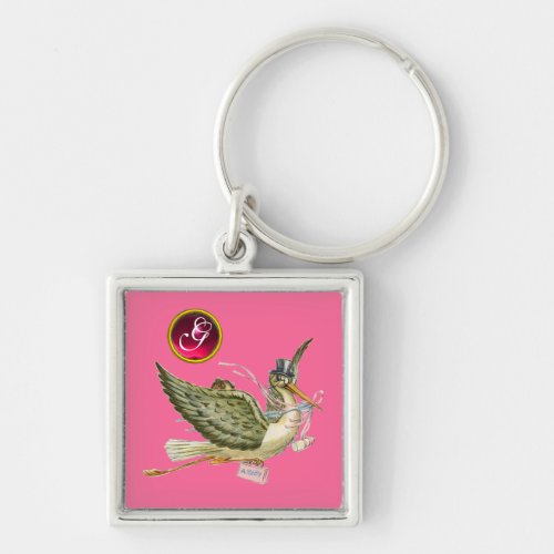 STORK BABY GIRL SHOWER GEM MONOGRAM KEYCHAIN