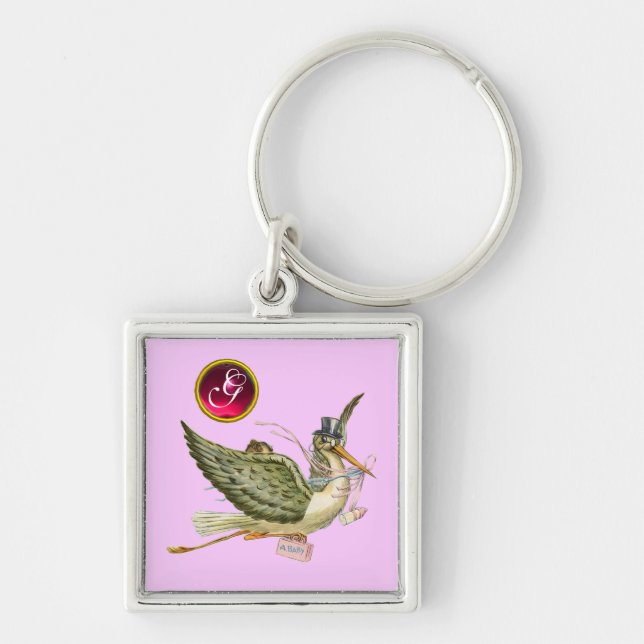 STORK BABY GIRL SHOWER GEM MONOGRAM KEYCHAIN (Front)