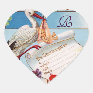 STORK BABY GIRL SHOWER HEART MONOGRAM STICKER