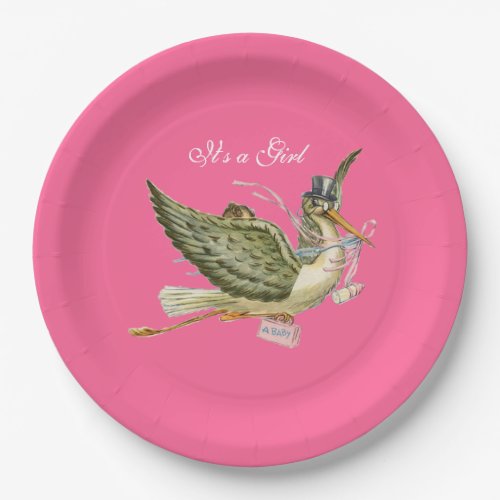 STORK BABY GIRL SHOWER Hot Pink Paper Plates