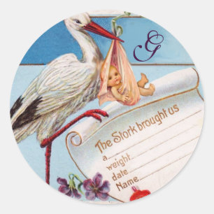 STORK BABY GIRL SHOWER MONOGRAM CLASSIC ROUND STICKER