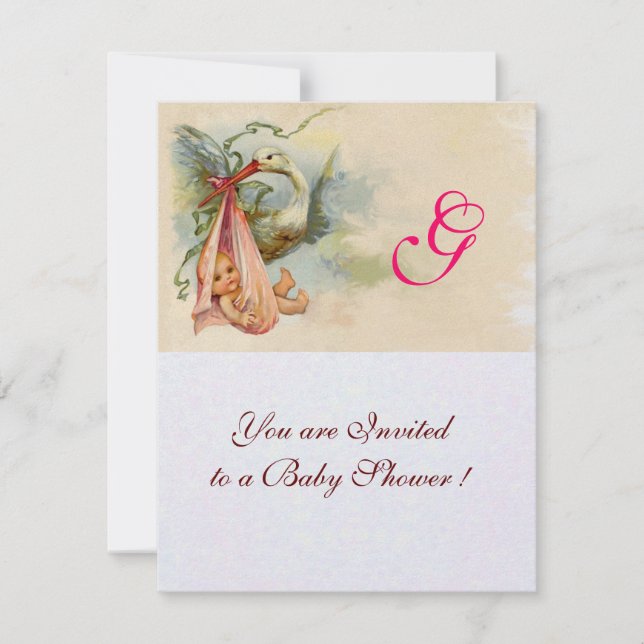 STORK BABY GIRL SHOWER MONOGRAM Pearl Shimmer Invitation (Front)