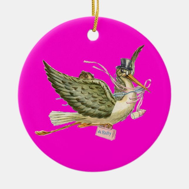 STORK BABY GIRL SHOWER MONOGRAM  Pink Amethyst Ceramic Ornament (Front)