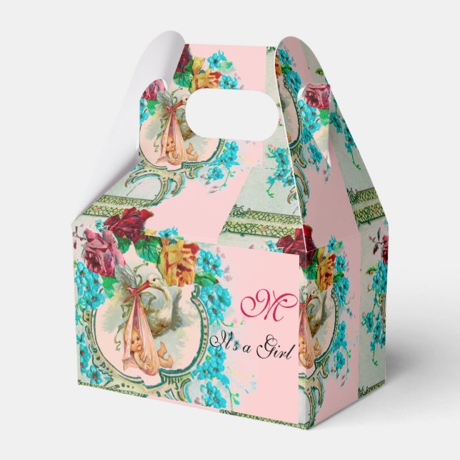 STORK BABY GIRL SHOWER MONOGRAM Pink Favor Boxes (Front Side)