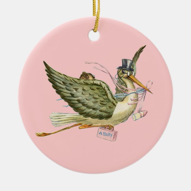 STORK BABY GIRL SHOWER MONOGRAM  Red Ruby Ceramic Ornament (Front)