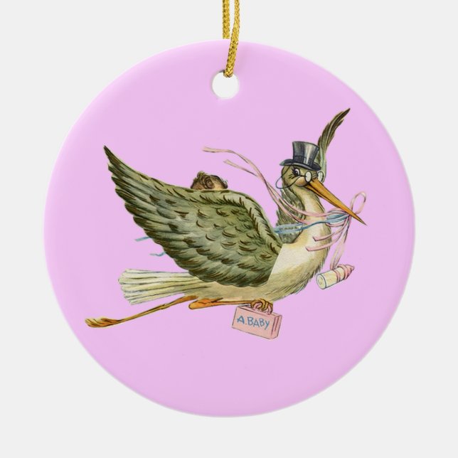 STORK BABY GIRL SHOWER MONOGRAM  Red Ruby Ceramic Ornament (Front)