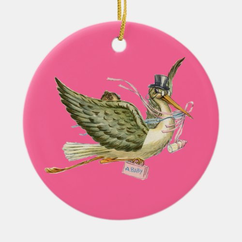 STORK BABY GIRL SHOWER MONOGRAM  Red Ruby Ceramic Ornament