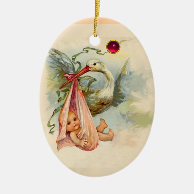 STORK BABY GIRL SHOWER MONOGRAM RED RUBY CERAMIC ORNAMENT (Front)