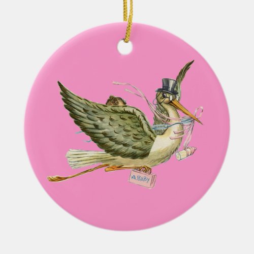 STORK BABY GIRL SHOWER MONOGRAM  Red Ruby Ceramic Ornament