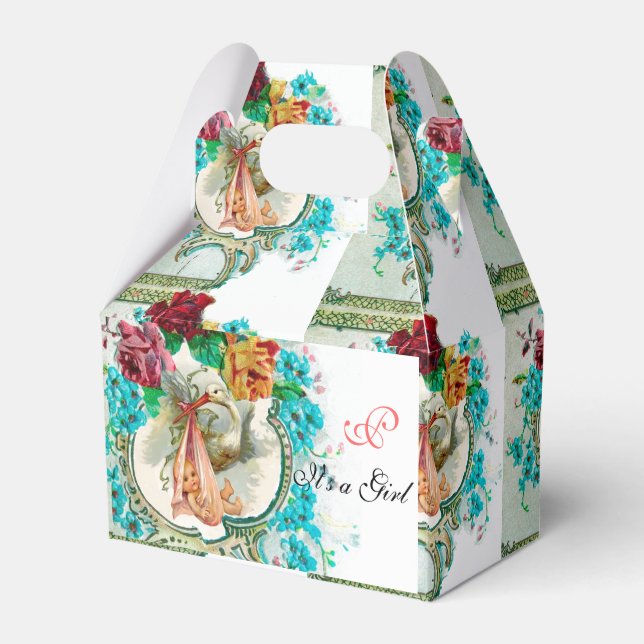 STORK BABY GIRL SHOWER MONOGRAM White Favor Boxes (Front Side)