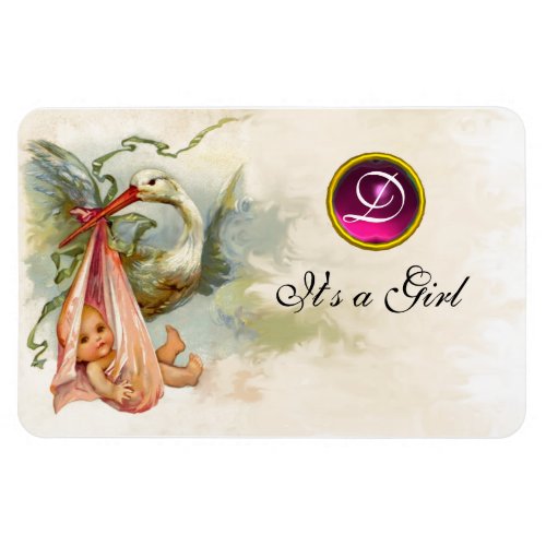 STORK BABY GIRL SHOWER MONOGRAMWhite Magnet