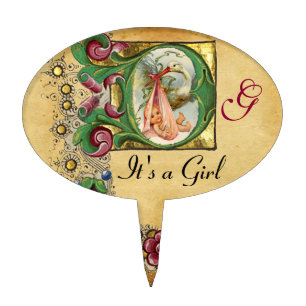 STORK BABY GIRL SHOWER MONOGRAM  ,white,pink Cake Topper