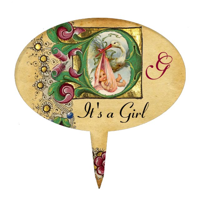 STORK BABY GIRL SHOWER MONOGRAM  ,white,pink Cake Topper (Front)