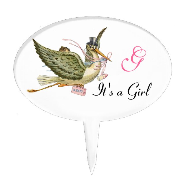 STORK BABY GIRL SHOWER MONOGRAM  ,white,pink Cake Topper (Front)