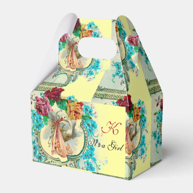 STORK BABY GIRL SHOWER MONOGRAM Yellow Favor Boxes (Front Side)