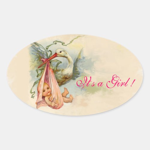 STORK BABY GIRL SHOWER OVAL STICKER