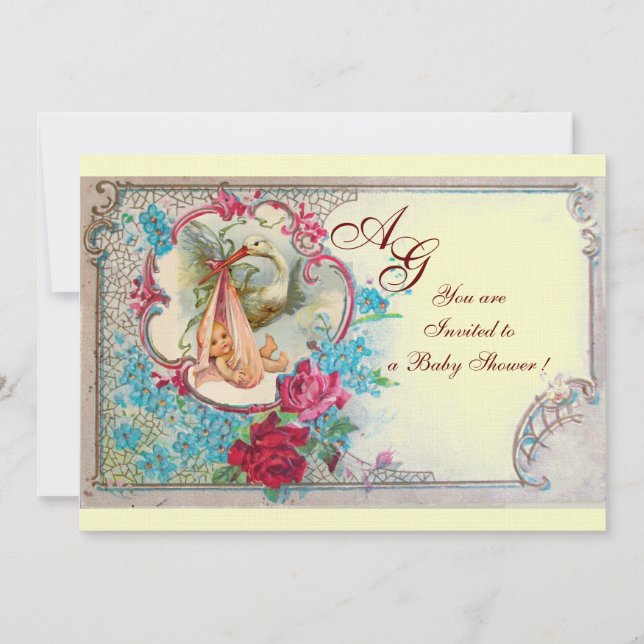 STORK BABY GIRL SHOWER PINK BLUE FLORAL MONOGRAM INVITATION (Front)