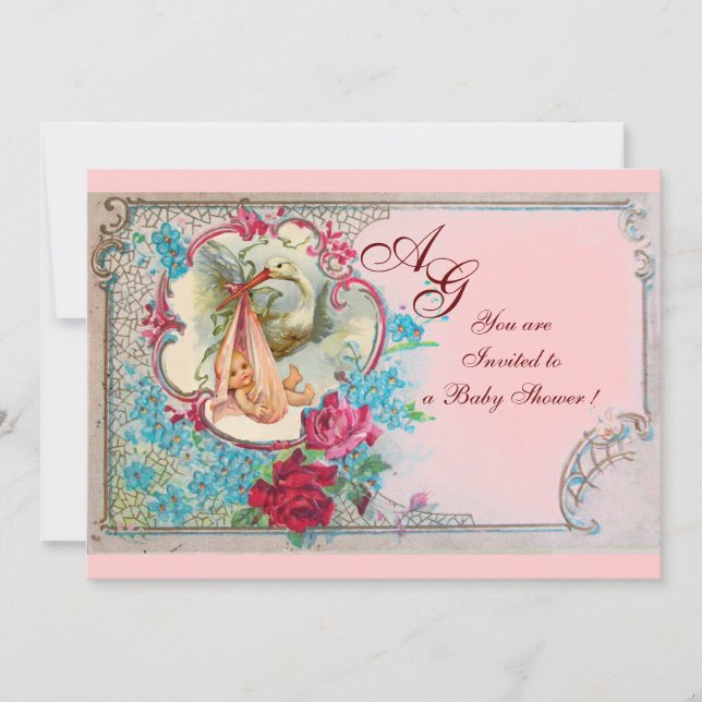 STORK BABY GIRL SHOWER PINK BLUE FLORAL MONOGRAM INVITATION (Front)