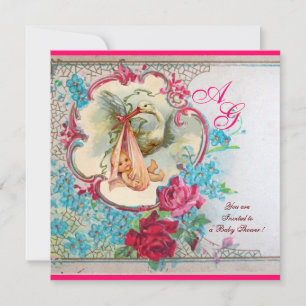STORK BABY GIRL SHOWER PINK BLUE FLORAL MONOGRAM INVITATION